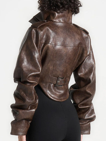 Vintage Women's Cropped Faux Leather Jacket Stand Collar Balloon Sleeve Biker Style PU Leather Coat Streetwear Fashion Outfit