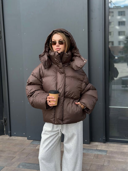 Women Brown Hooded Cotton Coat Fashion Lapel Full Sleeve Zipper Button Warm Loose Short Coats Lady Winter Casual Street Outwear