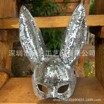 Disco Mirror Bunny Mask Sparkling Costume Accessory For Women Teens Halloween Party Rave Cosplay Glam Sexy Club Night Photo Prop