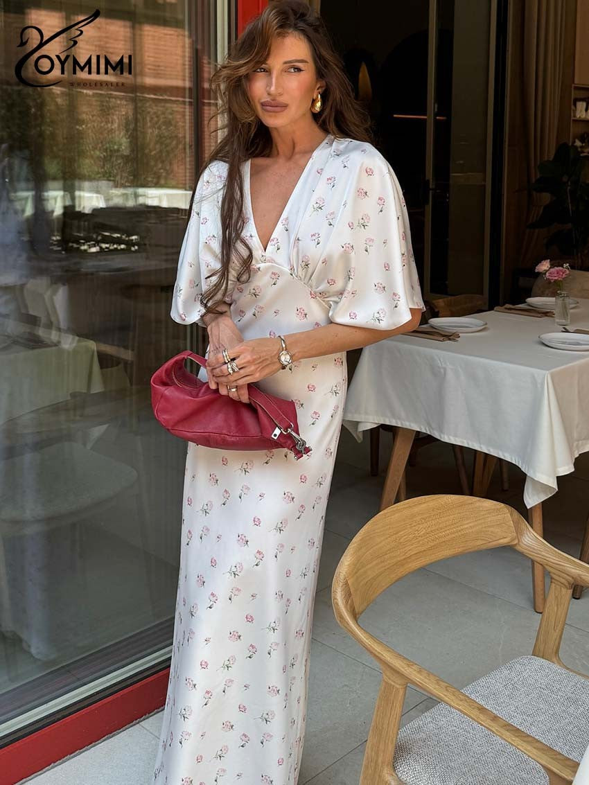 Oymimi Casual White Print Dresses For Woman Fashion V-Neck Batwing Sleeve Dresses Elegant Straight Floor-Length Dress Streetwear