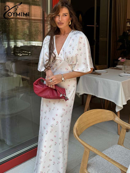 Oymimi Casual White Print Dresses For Woman Fashion V-Neck Batwing Sleeve Dresses Elegant Straight Floor-Length Dress Streetwear