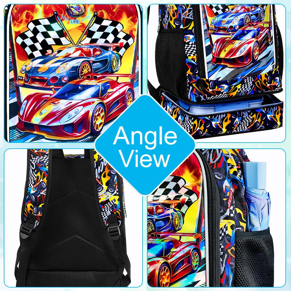 Mochila 2 em 1 de Carro de Corrida para Meninos, Mochila Escolar Infantil de 17 polegadas com Lancheira Térmica, Mochilas Escolares para Ensino Fundamental e Pré-escola
