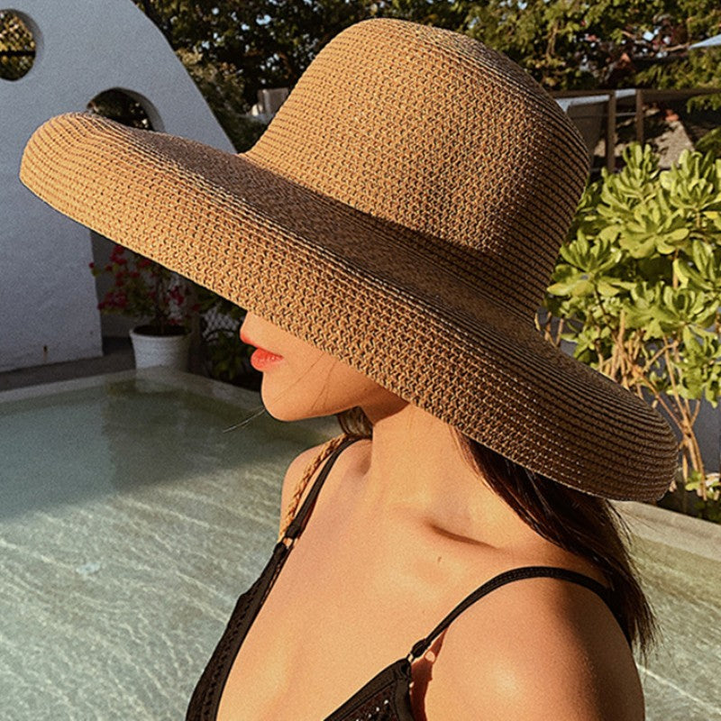 2023 New Summer Sun Hats Ladies Solid Plain Elegant Wide Brim Hat Female Round Top Panama Floppy Straw Beach Hat Women ????