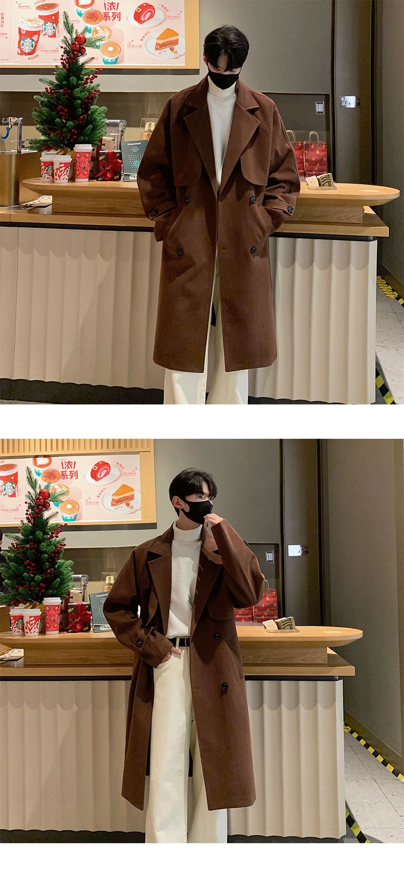 Men's Autumn Winter Mid Length Woolen Coat New Korean Tide Black Thickned Overcoat Long Sleeve Double-breasted Jackets