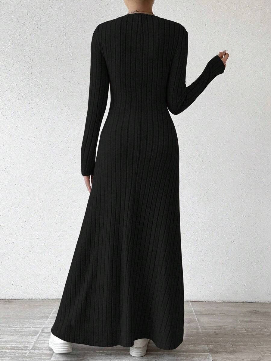 2025 Fashionable Knitted Long Sleeve A- Line Streetwear Dress For Women Smooths And Slims Your Silhouette Solid Color Long Dress