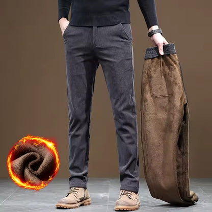 New Fleece Pants Men Casual Work Business Trousers Winter Corduroy Straight Slim Pants Outdoor Streetwear Thick Warm Sweatpants