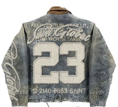 Streetwear Washed Denim Jacket Y2K Clothes Mens Womens Hip Hop Letter Graphic Patch Embroidery Blue Oversized Jacket Casual Coat
