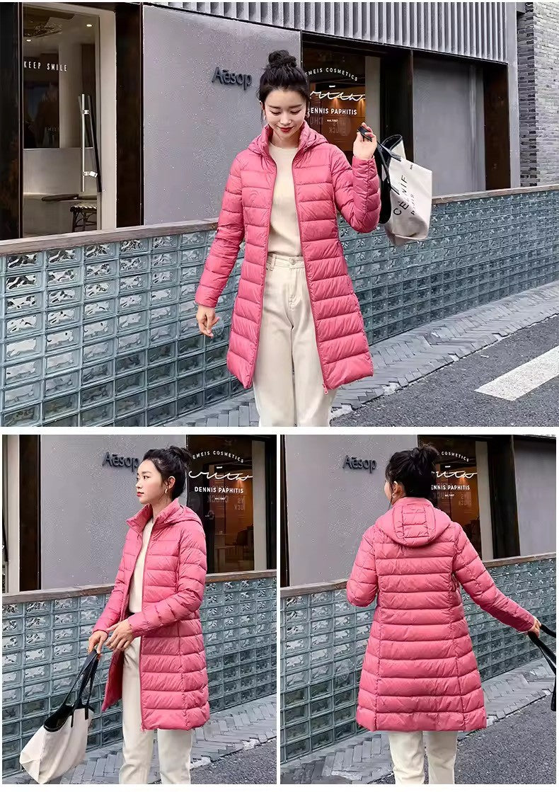 Women's X-long Office Lady Hat Detachable Puffer Jackets 2025 New Arrival Autumn Winter White Duck Down Warm Coat