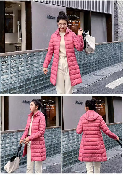 Women's X-long Office Lady Hat Detachable Puffer Jackets 2025 New Arrival Autumn Winter White Duck Down Warm Coat