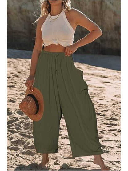 Women's Stretched-waist Pleated High-waisted Wide-leg Trousers Spring Autumn Fashion Cotton Linen Pocket Casual Trousers Woman