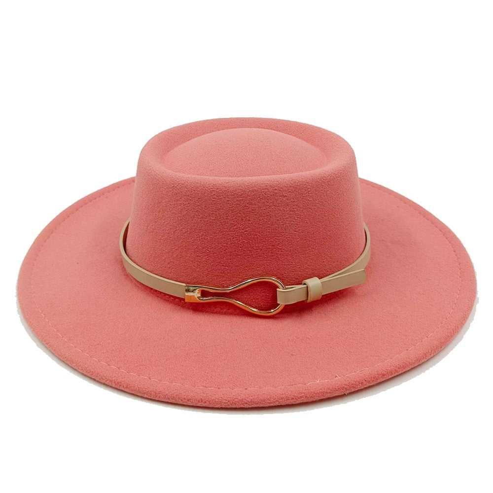 Acessórios femininos de fivela de couro metal com chapéu de feltro de pele com top côncavo e convexo, chapéu fedora e conjunto de bolsa combinando, estilo retrô