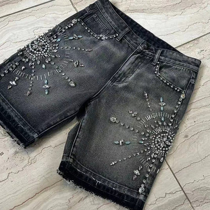 American Retro Washed Personalized Trend Street Loose Straight Diamond Decorated Denim Shorts for Men and Women