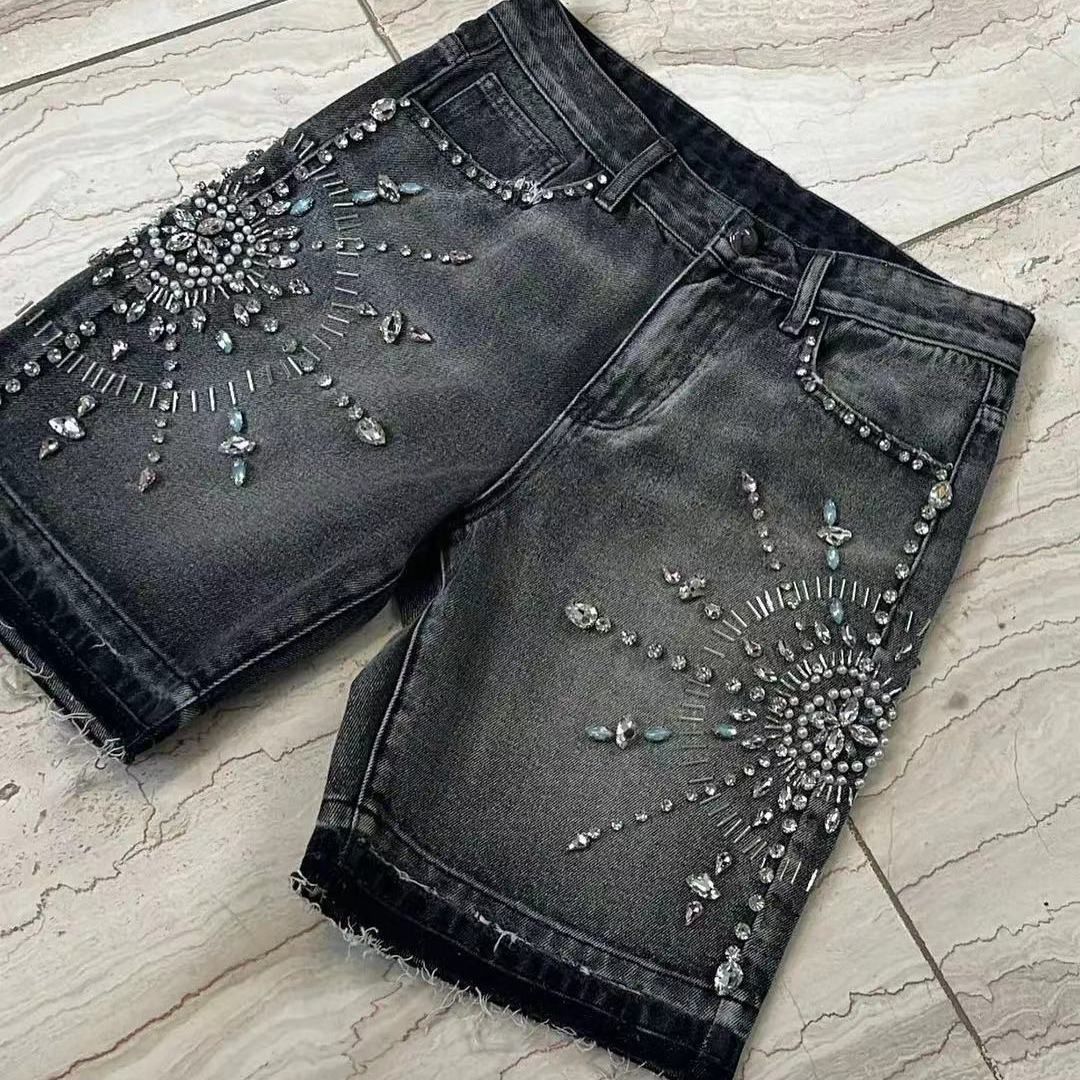 American Retro Washed Personalized Trend Street Loose Straight Diamond Decorated Denim Shorts for Men and Women