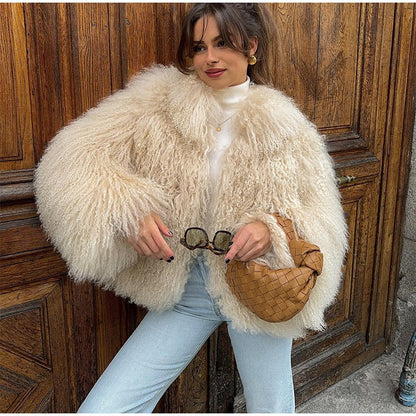 Solid Fashion Fake Fur Coat Women Chic Fluffy Warm Long Sleeve Loose Short Jacket Luxury 2025 Winter Lady Daily Street Outerwear