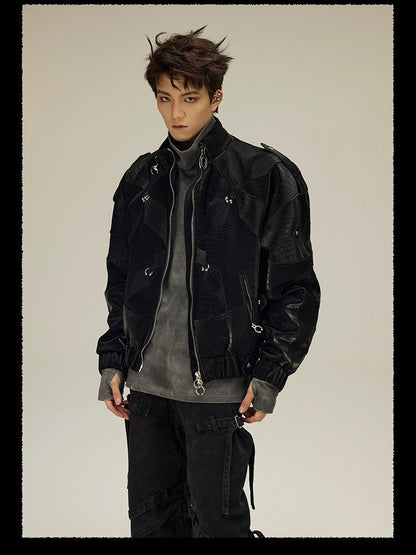 Mauroicardi Spring Autumn Cool Short Shiny Black Crocodile Print Pu Leather Jacket Men Luxury Designer Y2K Streetwear Clothes