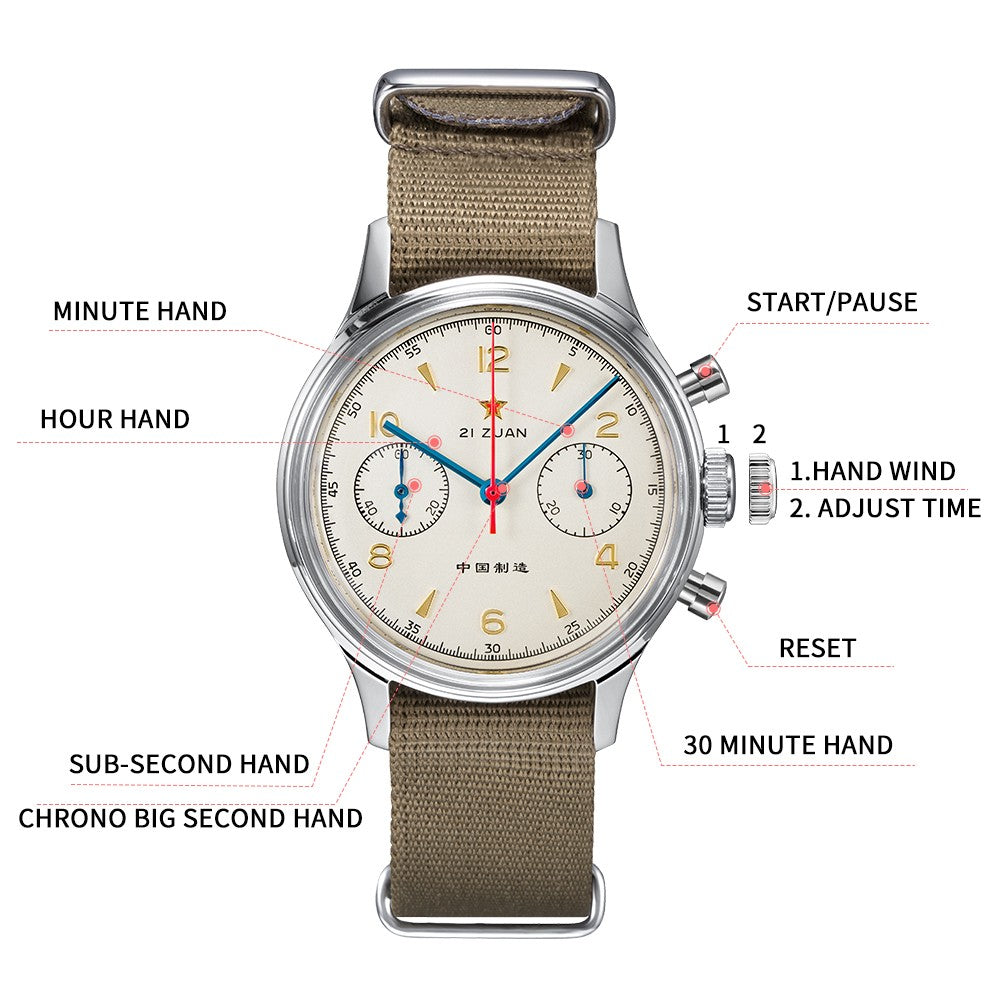 RED STAR 38mm Men's 1963 Chronograph Mechanical Watch Pilot with Seagull Movement ST1901 Air Force Aviation Sapphire Goose 40mm