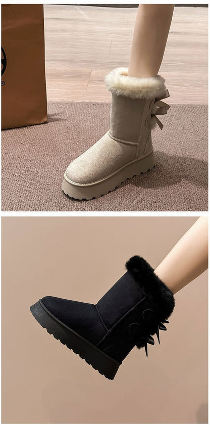 2024 Winter New Thick-soled Mid-tube Snow Boots Bow Furry Mouth Plus Fluffy Thick Cotton Boots Casual Everything