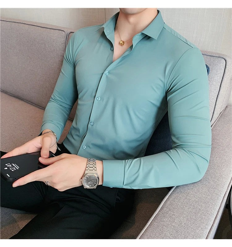 Men's Long Sleeved Elastic Shirt No Ironing Business Wear Professional Workwear Stand Up Collar Shirt Casual Solid Color Shirt