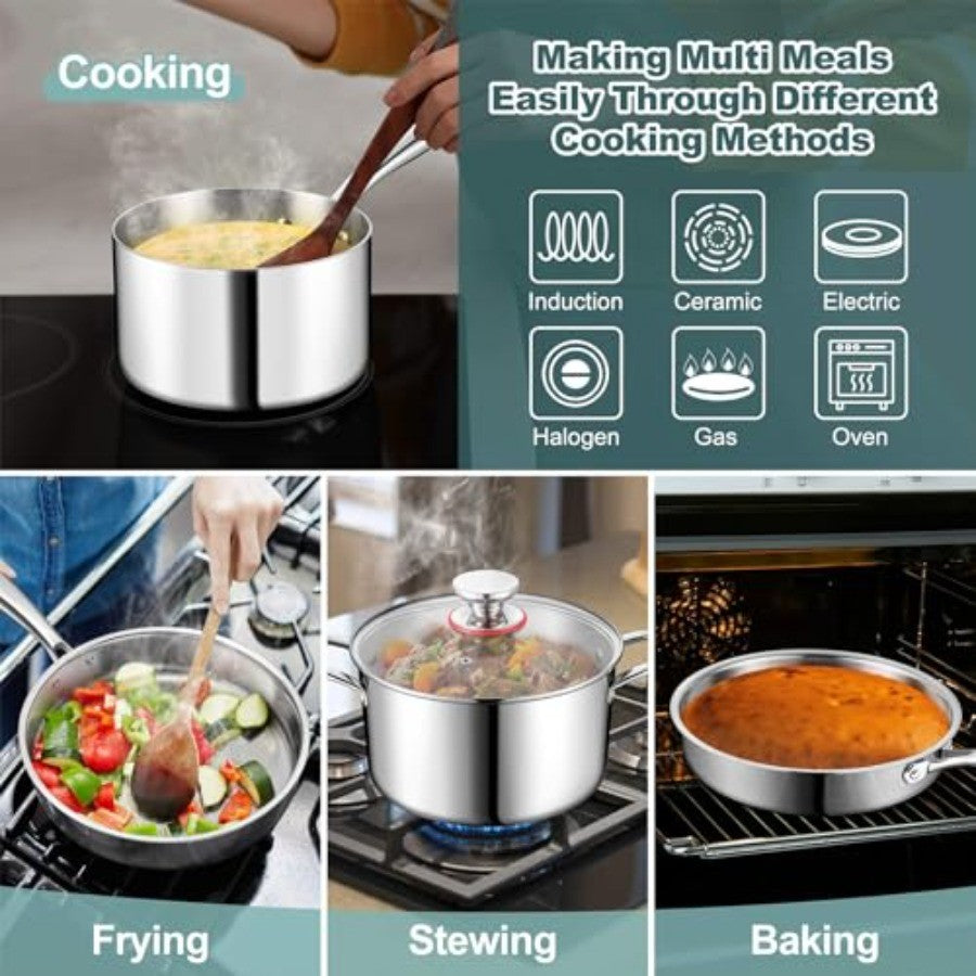 Conjunto de Panelas e Frigideiras de Aço Inoxidável 3 Camadas 10 Peças, Conjunto de Utensílios de Cozinha em Aço Inoxidável para Indução, Conjunto de Cozinha Não Tóxico