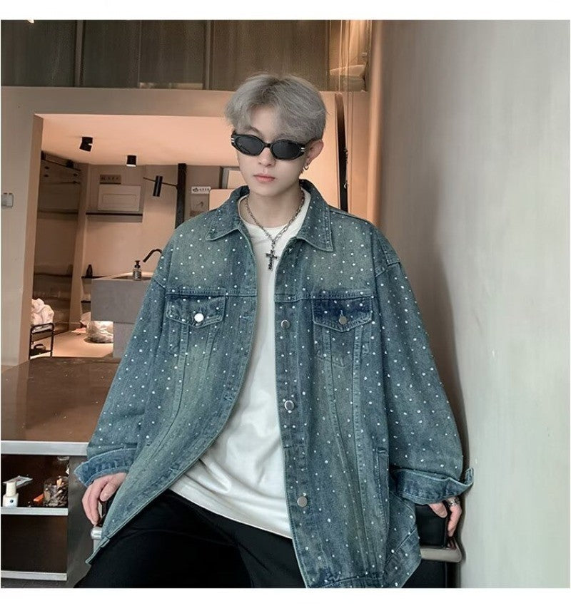 American Trendy Denim Jacket Mens Make Old Flash Diamond Fashion Outwear Spring Single-breasted Street Couple Cowboy Coats
