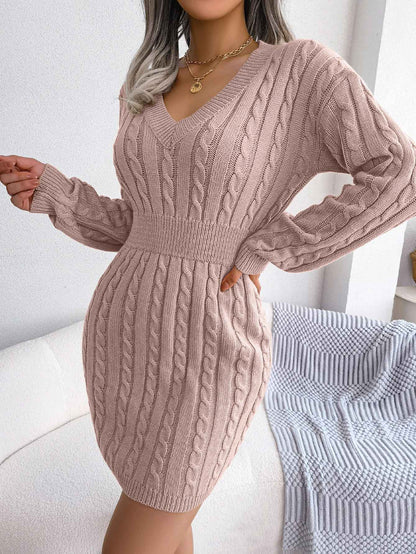 VigoCasey 2025 V Neck Casual Short Knit Dress Autumn Winter Women Solid Long Sleeve Dress Lady Khaki Bodycon Knitted Dresses