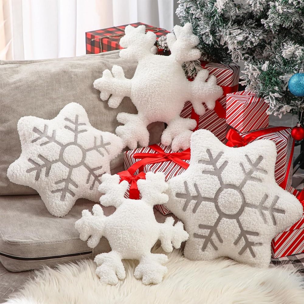 Set of 4 Christmas Snowflake Throw Pillows - White Sherpa Stuffed Winter Decorative Cushions