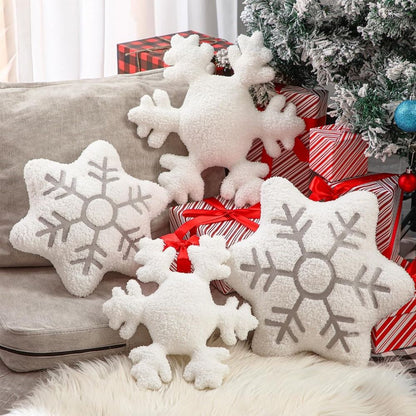 Set of 4 Christmas Snowflake Throw Pillows - White Sherpa Stuffed Winter Decorative Cushions
