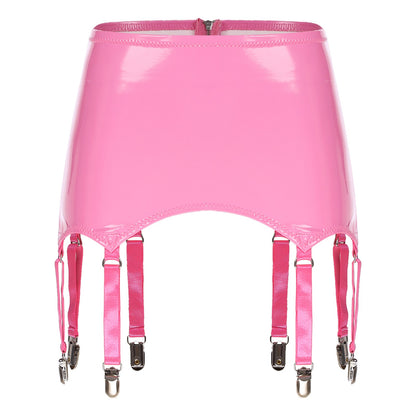 Womens Garters Latex Skirts Ladies Suspender Belt Wet Look Patent Leather Mini Skirts Garters with Metal Clips Clubwear Costume
