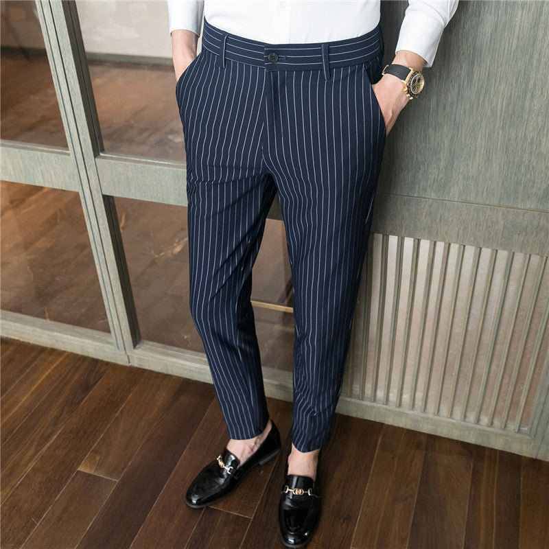 White Vertical Stripes Suit Pants Men, Blue Black Trousers, Fashion Slim Men's Pant Business Pantalones Hombre Autumn New Slacks