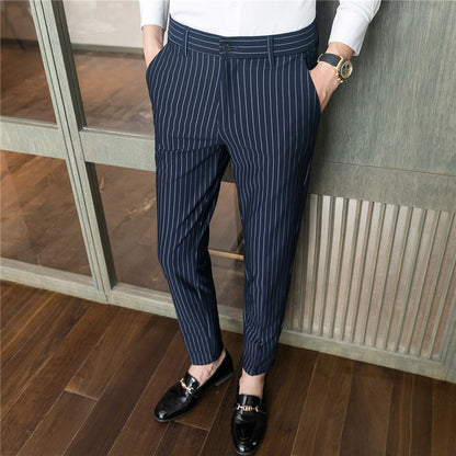 White Vertical Stripes Suit Pants Men, Blue Black Trousers, Fashion Slim Men's Pant Business Pantalones Hombre Autumn New Slacks