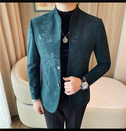 Men's New Chinese Stand Collar Blazer Jacket 2025 Fashion Elegant Printed Slim Fit Business Suits Jacket Tailcoat Men Clothing