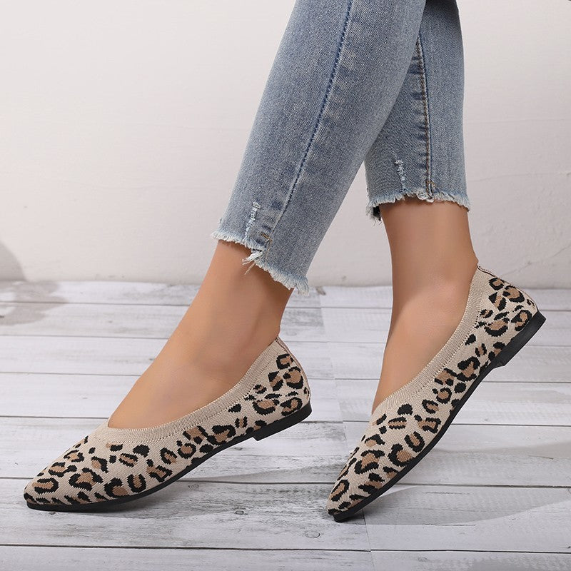 Elegant Houndstooth Knitted Ballet Flats Woman Point Toe Mesh Moccasins Ladies Big Size Leopard Loafers Soft Driving Shoes