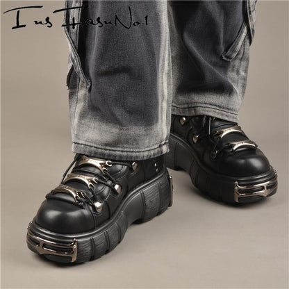 Casual Female Runway Shoes Platform Metal Toe Chunky Sneakers Women Gothic Punk Style Sneakers Rock Design Black Walking Shoes