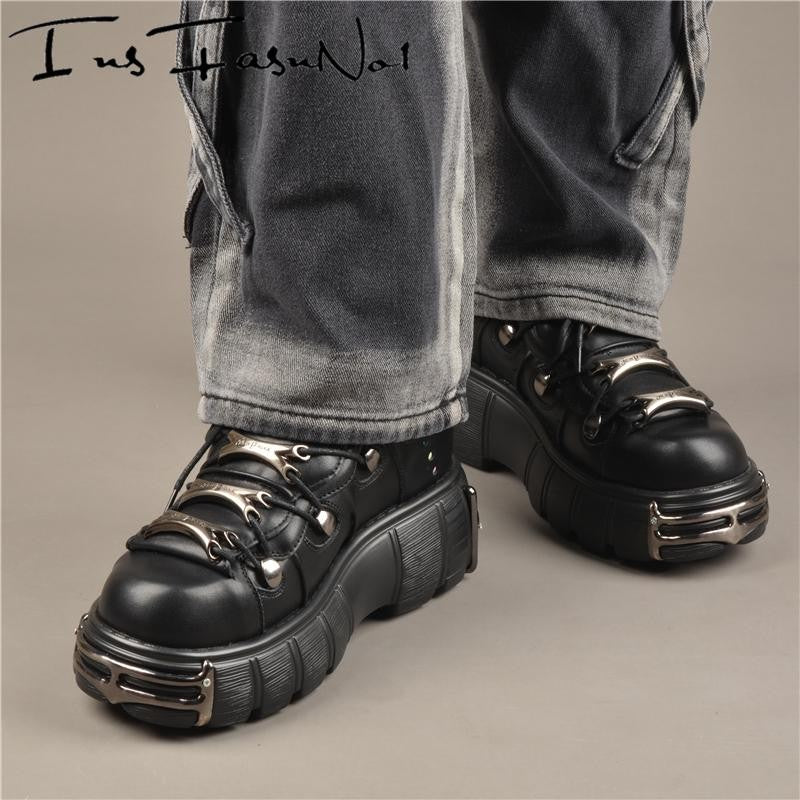 Casual Female Runway Shoes Platform Metal Toe Chunky Sneakers Women Gothic Punk Style Sneakers Rock Design Black Walking Shoes