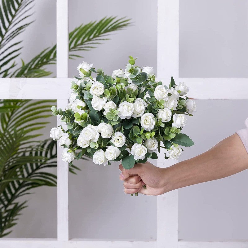 10 Heads pink Artificial Silk Rose Flowers Fake White Eucalyptus  Peony Flower Bouquet, for Home Wedding Party Garden Decoration