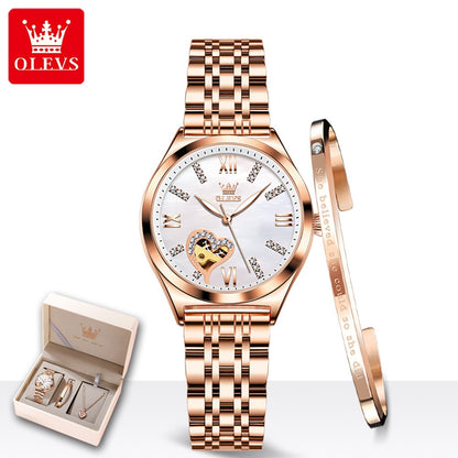 OLEVS 6636 Luxury Women Watch Fully Automatic Hollow Design Diamond Heart shaped Watch Elegant Mechanical Women Bracelet Watch