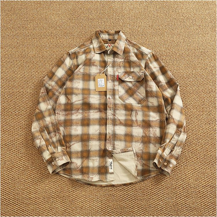 Autumn New Japanese Retro Long-Sleeve Lapel Plaid Cargo Shirt Men's Simple 100% Cotton Washed Pocket Casual Blouses Thin Coat
