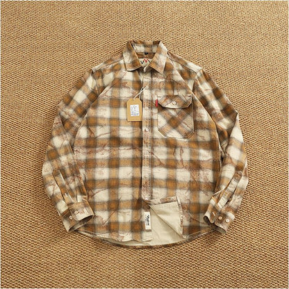 Autumn New Japanese Retro Long-Sleeve Lapel Plaid Cargo Shirt Men's Simple 100% Cotton Washed Pocket Casual Blouses Thin Coat