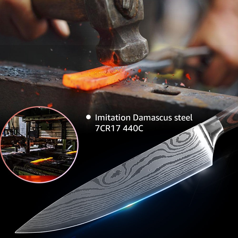 Conjunto de Facas Japonesas com Bloco e Amolador de 8 polegadas, Facas de Cozinha de Aço Damasco a Laser com Tesoura de Cozinha e Cabo de Madeira