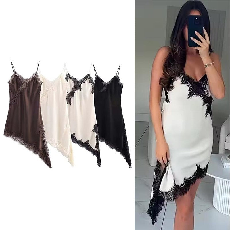 Women Fashion Sexy V-Neck Lace Elegant Halter Dress Asymmetric Hem Dress 2025 Summer New Fashion Holiday Party Beach Dresses