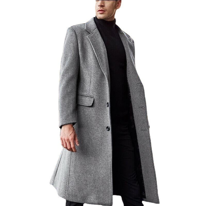 Solid Overcoat Single Breasted Men Wool Jacket Blends Long Sleeve Turn Down Collar Cardigan Coats Pockets Casual Outerwear