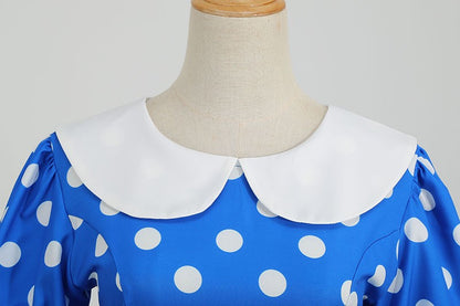 Elegant Women Summer Dress Puff Short Sleeve Polka Dot Peter pan Collar Vintage A-line Midi Long Party Sundress