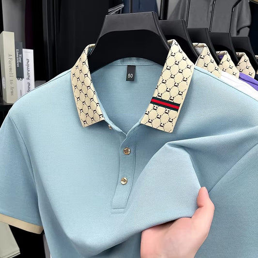 High quality men's short sleeve polo shirt summer light luxury business style comfort casual patchwork neckline fashion T-shirt