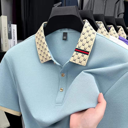 High quality men's short sleeve polo shirt summer light luxury business style comfort casual patchwork neckline fashion T-shirt