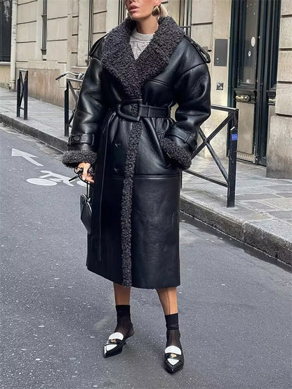 Women's Coat 2025 Autumn New Style Black Long-Sleeve Leather and Fur Integrated Coat with Belt High-End Outerwear Elegant