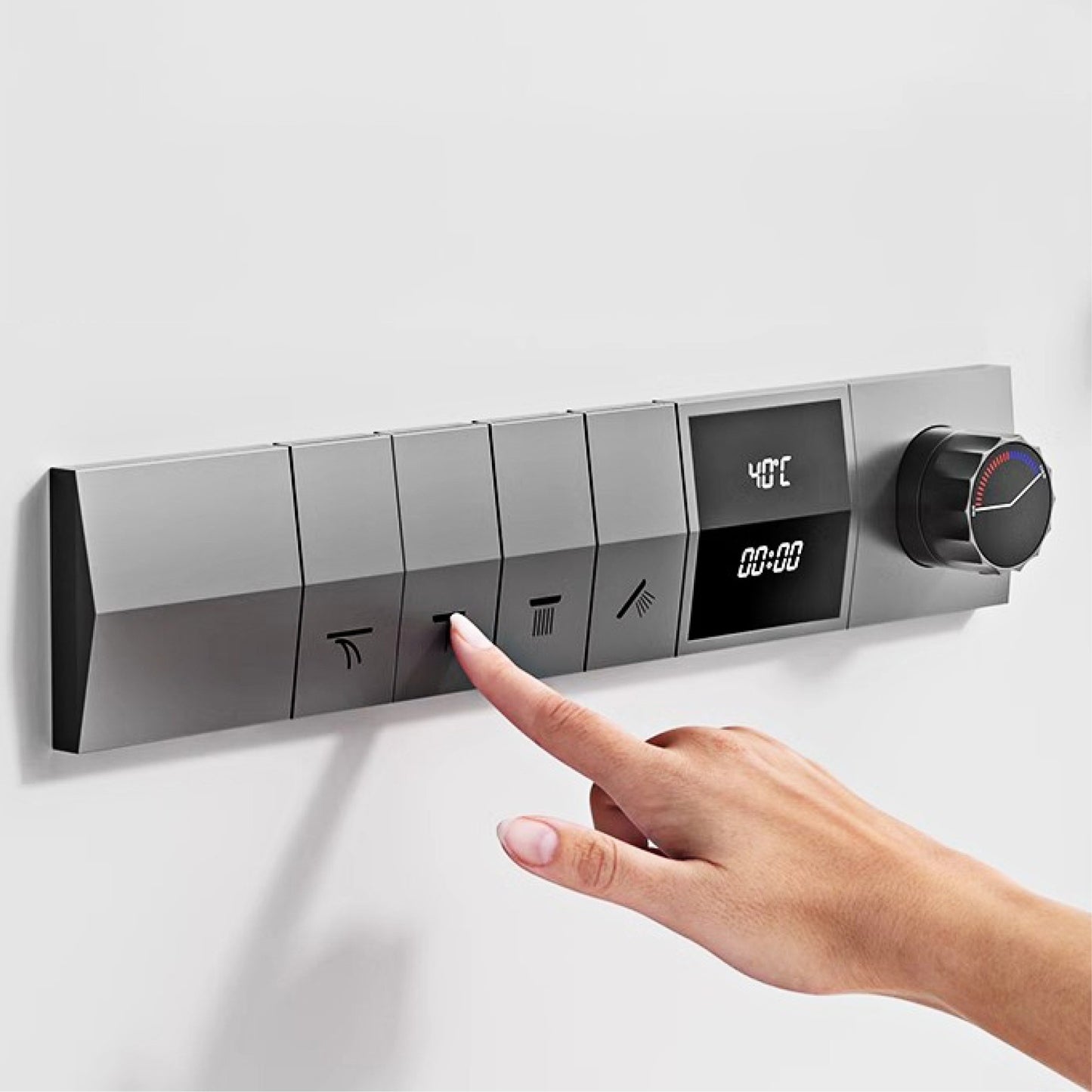 Sistema de chuveiro de parede com temperatura constante em latão cinza chumbo, montado na parede, com display digital LED, torneira de banheiro com água quente e fria