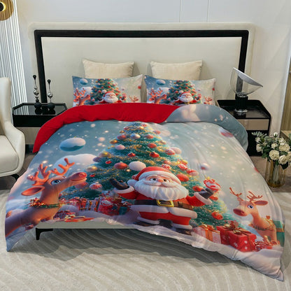 3PC Cartoon Christmas Duvet Cover Kawaii Elk Interesting Old Man Bedding set (1Duvet Cover &2Pillowcases) No filler/core