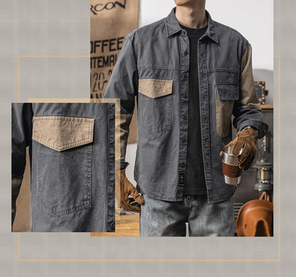 Spring and autumn new American vintage khaki loose long-sleeved shirt Japanese casual cargo shirt men's patchwork trend top