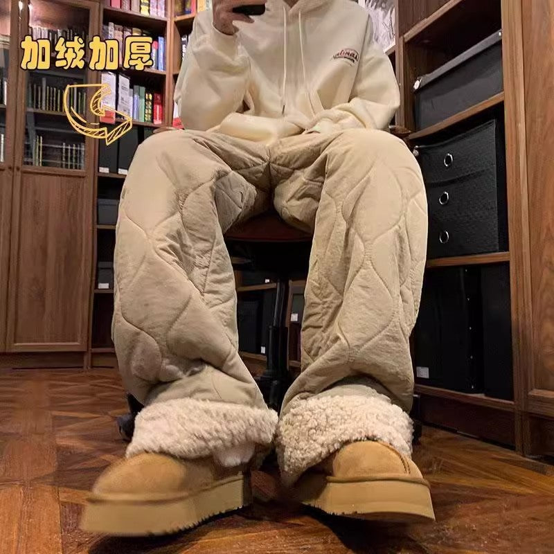 Heavy Winter Cotton Waterproof Splicing Lamb Fleece Cotton Pants for Men and Women, Solid Color Diamond Grid Embroidered Clip Co