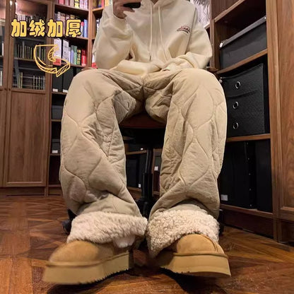 Heavy Winter Cotton Waterproof Splicing Lamb Fleece Cotton Pants for Men and Women, Solid Color Diamond Grid Embroidered Clip Co